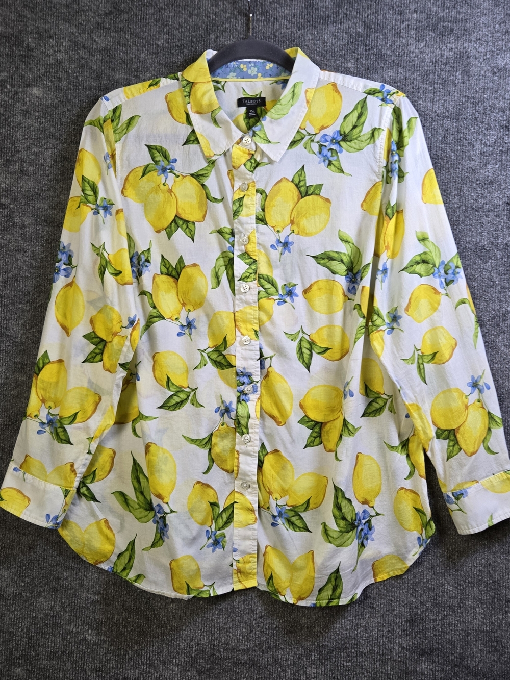 Talbots Shirt Womens 1X Petite White Yellow Lemons Cotton Long Sleeve Button Up